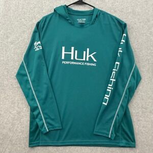 Huk Mens Performance Fishing Hoodie Teal Long Sleeve Sun Shirt Beulah Bay Large